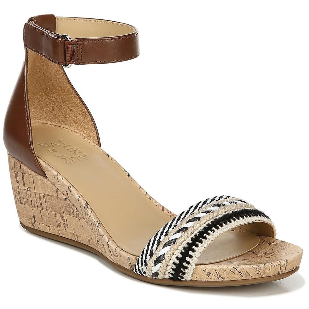 Naturalizer Women Areda Cork Wedge Ankle Strap Sandal Size US 8.5W Brown Striped